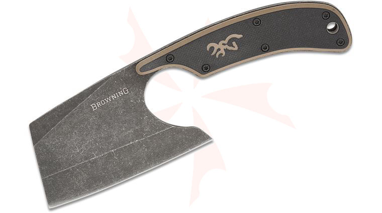 Browning Cutoff Camp Cleaver Fixed Blade Knife 2.4 inch Black Stonewashed Blade, Black/Tan G10 Handles, Nylon Sheath