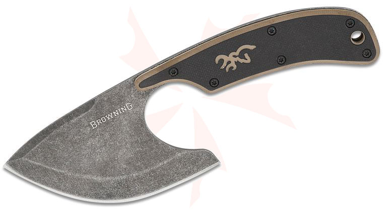 Browning Cutoff Skinner Fixed Blade Knife 3.63 inch Black Stonewashed Drop Point Blade, Black/Tan G10 Handles, Nylon Sheath