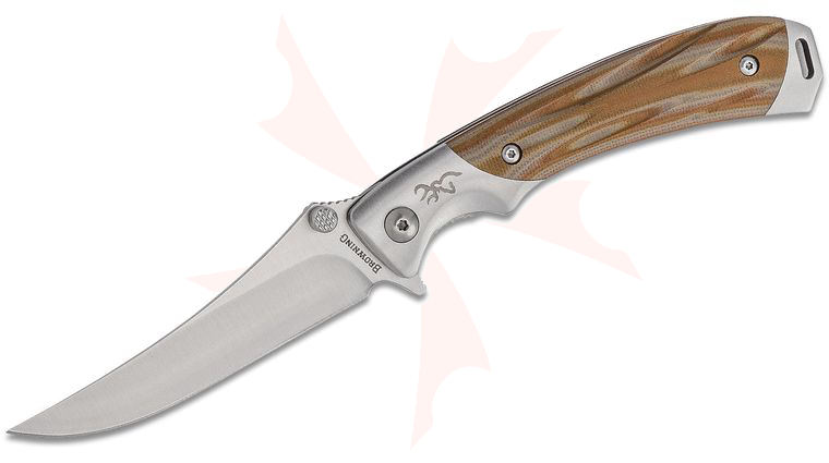 Browning Wicked Wing Flipper Knife 3.58 inch Satin Skinner Blade, Gray/Brown G10 Handles w/ Stainless Steel Bolsters