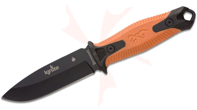 Browning Ignite 2 Fixed Blade Knife 3.98 inch Black Drop Point, Black/Orange Rubberized Polymer Handles, Injection Molded Sheath