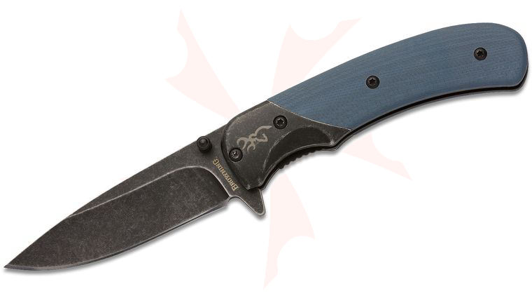 Browning The Range Flipper Knife 2.75 inch Black Stonewashed Drop Point, Blue G10 Handles w/ Black Stonewashed Steel Bolsters