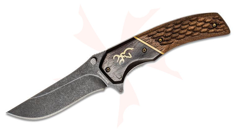 Browning Hunter Series Flipper Knife 3.5 inch Black Stonewashed Clip Point Blade, Two-Tone Wood Handles with Bronze Accents