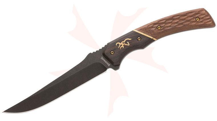 Browning Hunter Series Fixed Blade Knife 4.5 inch Black Stonewashed Trailing Point Blade, Two-Tone Wood Handles with Bronze Accents, Leather Belt Sheath