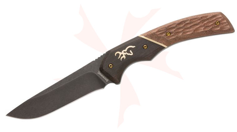 Browning Hunter Series Small Fixed Blade Knife 3.5 inch Black Stonewashed Drop Point Blade, Two-Tone Wood Handles with Bronze Accents, Leather Belt Sheath
