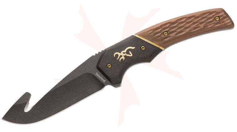 Browning Hunter Series Skinner Fixed Blade Knife 3.5 inch Black Stonewashed Guthook Blade, Two-Tone Wood Handles with Bronze Accents, Leather Belt Sheath