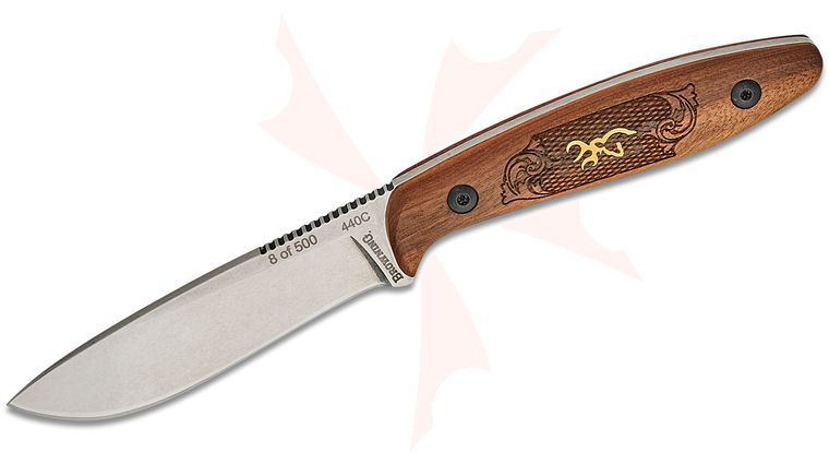 Browning 2024 Medallion Fixed Blade Knife 3.75 inch Mirror Polished Skinner Blade, Walnut Wood Handles with Brass Buckmark Inlay, Leather Sheath, Gift Box
