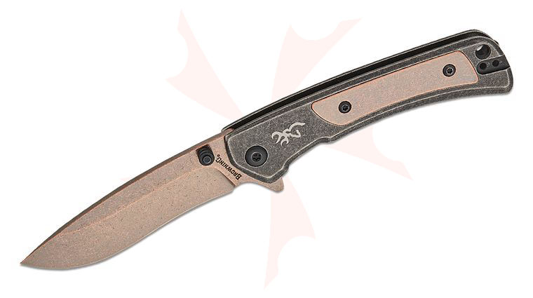 Browning 2024 SHOT Show Jericho Flipper Knife 3 inch D2 Electroplated Copper Wash Recurve Drop Point Blade, Black Steel Handles w/ Copper Wash Inlay