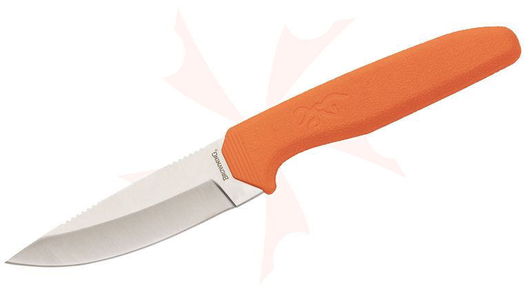 Browning Sharp Ridge Skinner Fixed Blade Knife 3.5 inch Satin Drop Point Blade, Orange Rubber Handles, Nylon Sheath