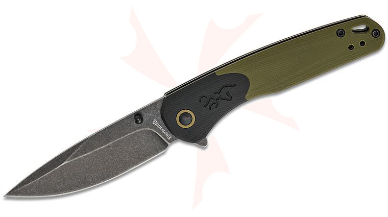 Browning Cedar Flipper Knife 3.25 inch D2 Black Stonewashed Drop Point Blade, Green/Black G10 Handles