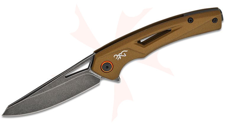 Browning South Slope Flipper Knife 3 inch D2 Black Stonewashed Reverse Tanto Blade, Burnt Bronze Cerakote Stainless Steel Handles
