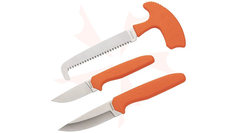 Browning Sharp Ridge 3 Piece Knife and Saw Set, Orange Rubber Handles, Nylon Case