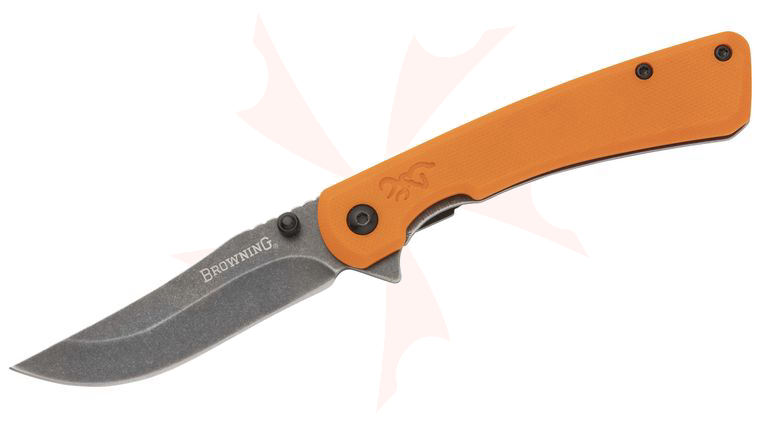 Browning Branded Rock Flipper Knife 3 inch 7Cr17Mov Black Stonewashed Clip Point Blade, Orange G10 Handles