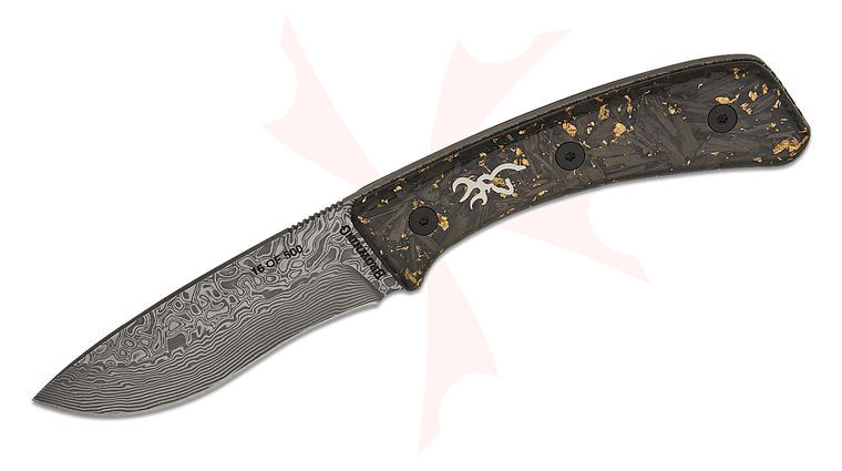 Browning 2025 Medallion Fixed Blade Knife 3.5 inch Damascus Drop Point Blade, Brass Carbon Fiber Handles with Steel Buckmark Inlay, Leather Sheath, Gift Box