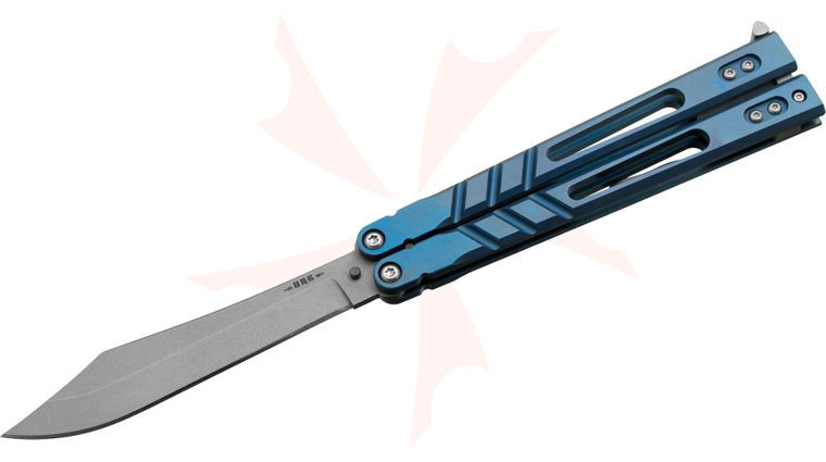BRS Bladerunners Systems Premium Alpha Beast Balisong Butterfly 4.5 inch 154CM Clip Point Blade, Blue Anodized Titanium Handles