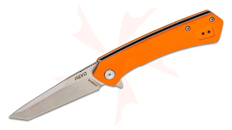 REVO Knives Warden Assisted Flipper Knife 3.25 inch Stonewashed Tanto Blade, Milled Orange G10 Handles
