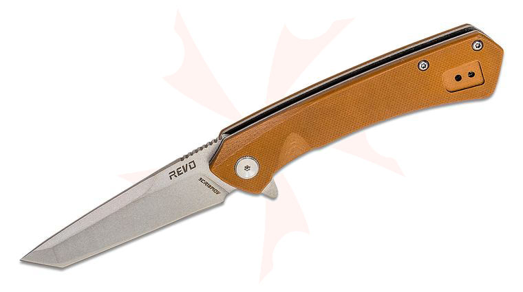 REVO Knives Warden Assisted Flipper Knife 3.25 inch Stonewashed Tanto Blade, Milled Coyote Brown G10 Handles