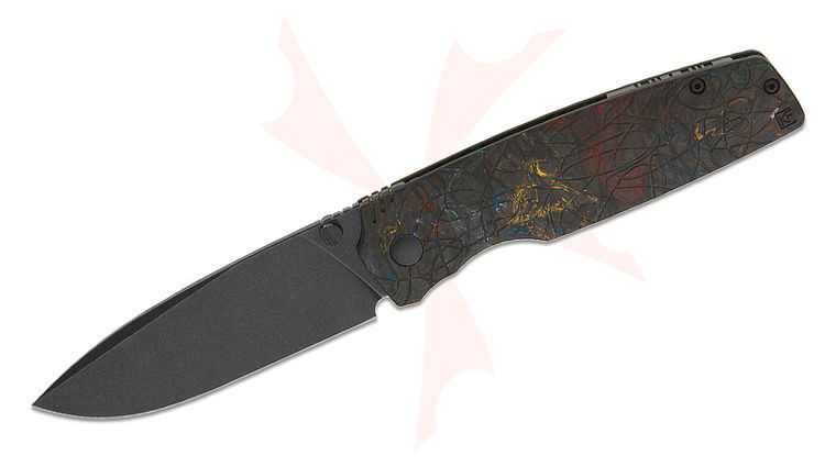 Custom Knife Factory Mike Kulygin Lex Sub Frame Lock Folding Knife 3.46 inch M398 Black Stonewashed Drop Point Blade, Red and Yellow Super Carbon Fiber Handles