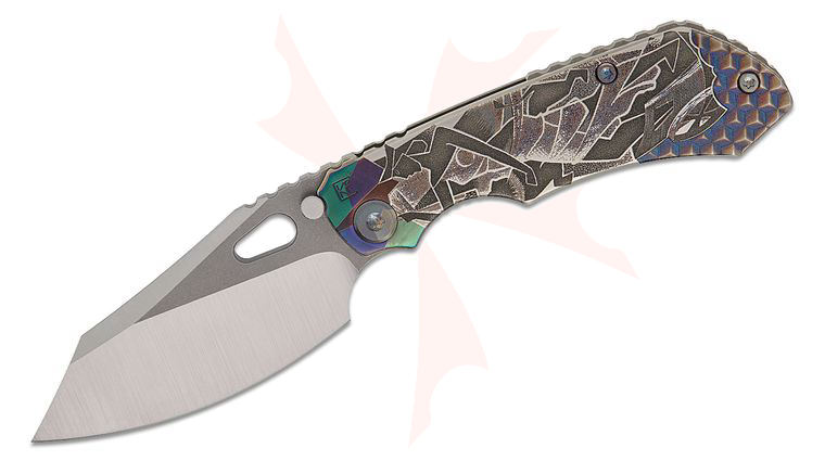 Custom Knife Factory Stas Bondarenko Customized Rotten Design Evo 4.0 One-Off Frame Lock Folding Knife 3.5 inch S90V Two-Tone Blade, Hand Carved Greek Mosaic Anodized Titanium Handles