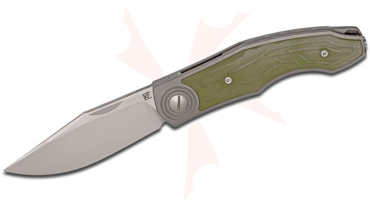 Custom Knife Factory Anton Malyshev Veksha (Belka) Folding Knife 3.62 inch M390 Clip Point Blade, Titanium Handles with Green G10 Inlays