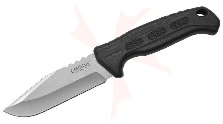 Camillus Hawker Fixed Blade Knife 4 inch Satin Drop Point, Black Polypropylene and TPR Handle, Nylon Sheath
