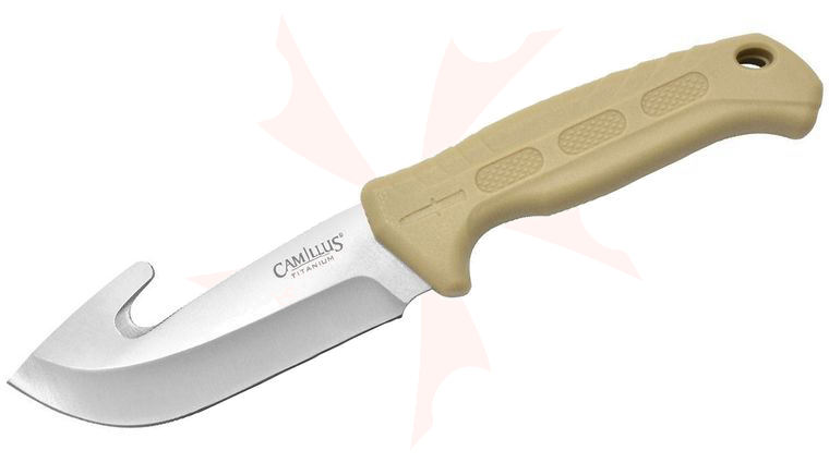 Camillus Roto Fixed Blade Knife 4 inch Satin Gut Hook, Black Polypropylene and TPR Handle, Nylon Sheath