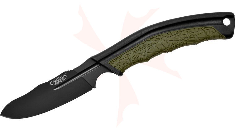 Camillus BT-8.5 Fixed 3.5 inch Black Plain Blade, Green and Black Zytel Handle, Nylon Sheath
