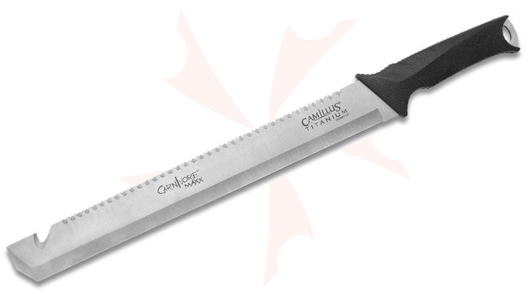 Camillus Carnivore Maxx 2.0 Machete 16 inch Titanium Bonded Sawback Chisel Tip Blade, Black TPR Handle, Molded Synthetic Sheath