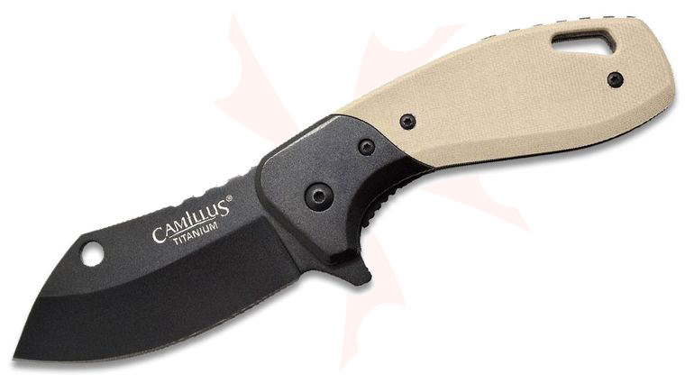 Camillus Chonk Flipper Knife 2.75 inch Black Modified Sheepsfoot Blade, Tan G10 Handles with Black Stainless Steel Bolsters