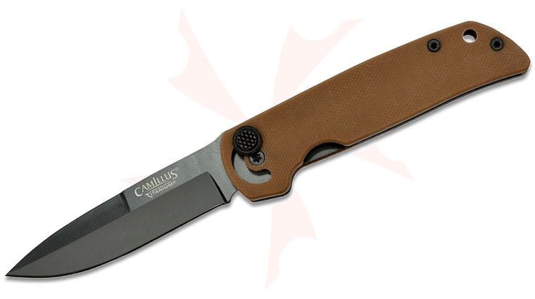 Camillus Cuda Mini Flipper Knife 3 inch Black Drop Point Blade, Brown G10 Handles