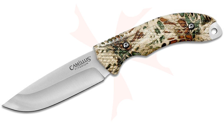 Camillus Mask Fixed Blade Knife 4 inch 420 Satin Drop Point, Prym1 Camo ABS Plastic Handles
