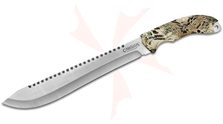 Camillus Hide Machete 12 inch 420 Stainless Steel Sawback Blade, Prym1 Camo ABS Plastic Handles, Nylon Sheath