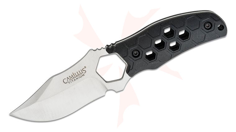 Camillus Comb Fixed Blade Knife 3.5 inch Satin Clip Point Blade, Black Honeycomb GFN Handles, Molded Sheath