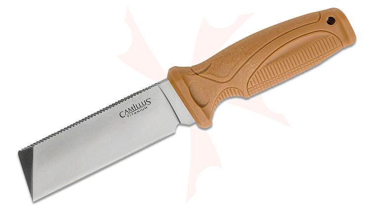 Camillus Swedge Fixed Blade Knife 4.5 inch Titanium Bonded Satin Sawback Chisel Tip Blade, Brown TPR Handle, Molded Synthetic Sheath
