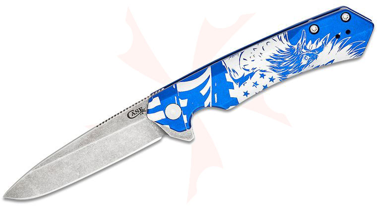 Case 2024 SHOT Show Exclusive Kinzua Flipper Knife 3.4 inch CPM-S35VN Stonewashed Spear Point Blade,  inchPatriotic Eagle inch Blue Anodized Aluminum Handles