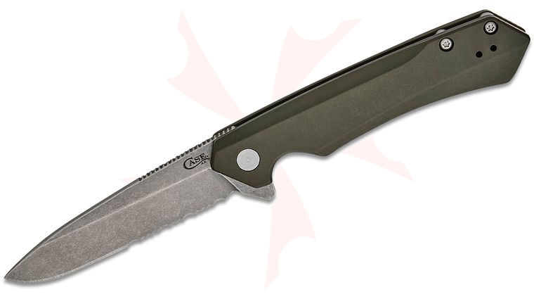 Case Kinzua Flipper Knife 3.4 inch CPM-S35VN Stonewashed Combo Spear Point Blade, OD Green Anodized Aluminum Handles