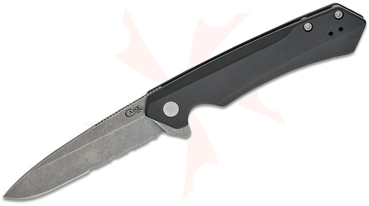 Case Kinzua Flipper Knife 3.4 inch CPM-S35VN Stonewashed Combo Spear Point Blade, Black Anodized Aluminum Handles