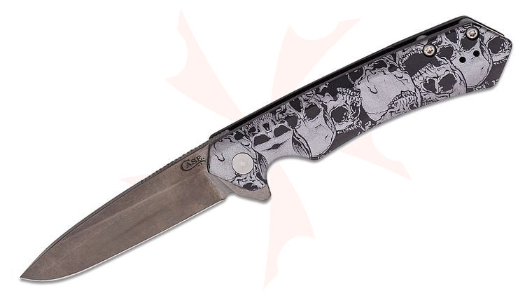 Case Custom Kinzua Flipper Knife 3.4 inch CPM-S35VN DLC Spear Point Blade, Skull Art Black Aluminum Handles