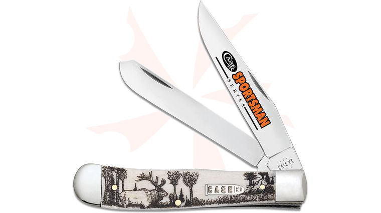 Case Sportsman Series Elk Embellished Smooth Natural Bone Trapper Pocket Knife 4.13 inch Closed (6254 SS)
