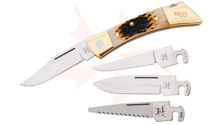 Case Amber Bone XX-Changer Lockback 5 inch Closed (XX-CHANGER SS), Leather Sheath