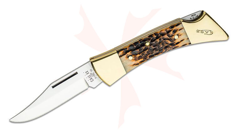 Case Peach Seed Jigged Amber Bone Hammerhead Lockback Folding Knife 5 inch Closed (6159L SS), Leather Sheath