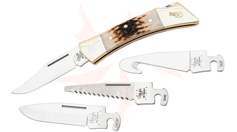 Case Amber Bone XX-Changer Lockback with Gut Hook 5 inch Closed (XX-CHANGER SS), Leather Sheath