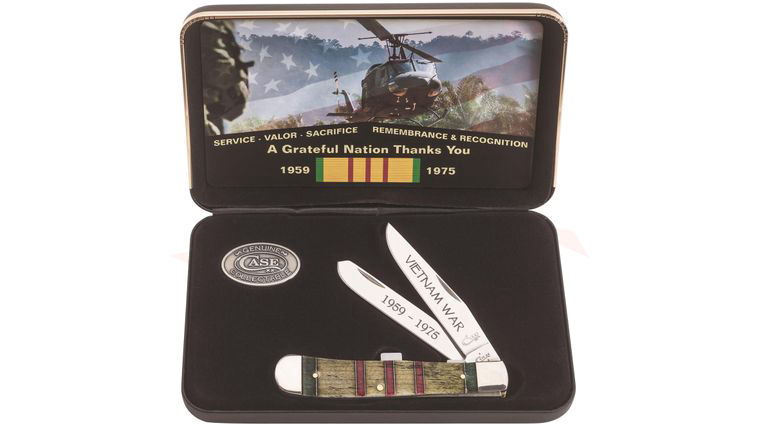 Case Embellished Green, Yellow and Red Color Wash Natural Bone Vietnam Trapper 4.125 inch Closed (6254 SS), Jewel Box