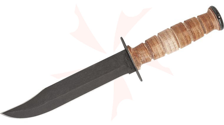 Case USMC Fixed Presentation Knife 7 inch Black Bowie Blade, Grooved Leather Handle, Brown Leather Sheath