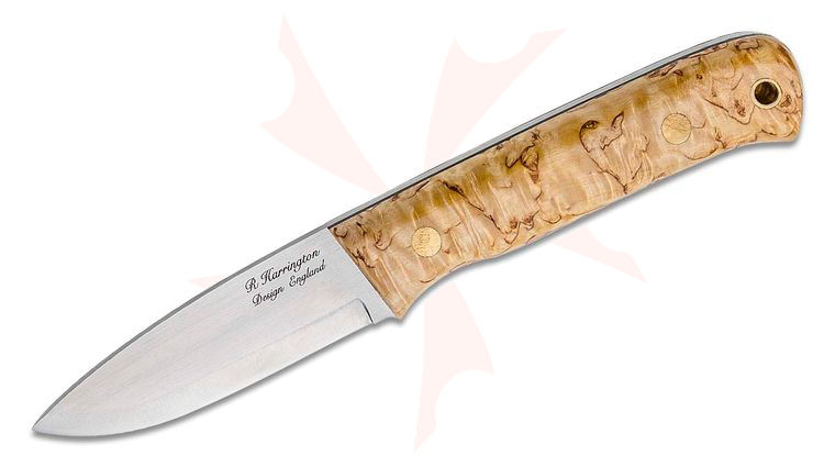Casstrom Sweden Woodsman Fixed 3.5 inch Slepiner Scandi Ground Blade, Curly Birch Wood Handles, Leather Sheath