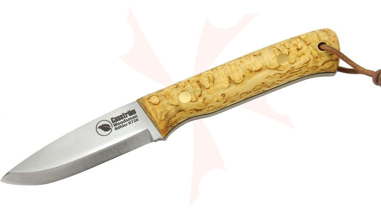 Casstrom Sweden Woodsman K720 Fixed 3.5 inch O2 Scandi Ground Blade, Curly Birch Wood Handles, Leather Sheath with Fire Steel