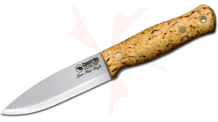 Casstrom Sweden Lars Falt Bushcraft Fixed 4.5 inch Sleipner Plain Blade, Curly Birch Wood Handles, Leather Sheath