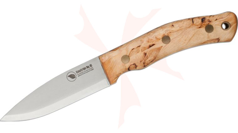Casstrom Sweden No.10 SFK Fixed 3.875 inch O2 Scandi Ground Blade, Curly Birch Wood Handles, Leather Sheath