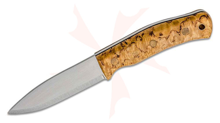Casstrom Sweden No. 10 SFK Fixed Blade Knife 4 inch 14C28N Scandi Ground Drop Point, Curly Birch Handles, Leather Sheath