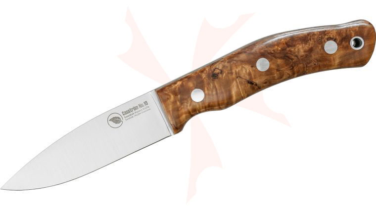 Casstrom Sweden No.10 SFK Fixed 3.875 inch 14C28N Full Flat Ground Blade, Stabilized Curly Birch Wood Handles, Leather Sheath
