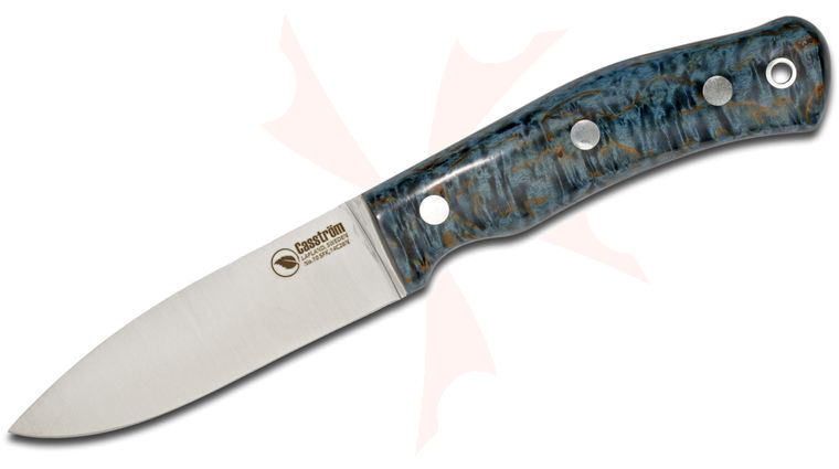 Casstrom Sweden No. 10 SFK Fixed 3.875 inch 14C28N Full Flat Ground Blade, Blue Curly Birch Wood Handles, Black Leather Sheath